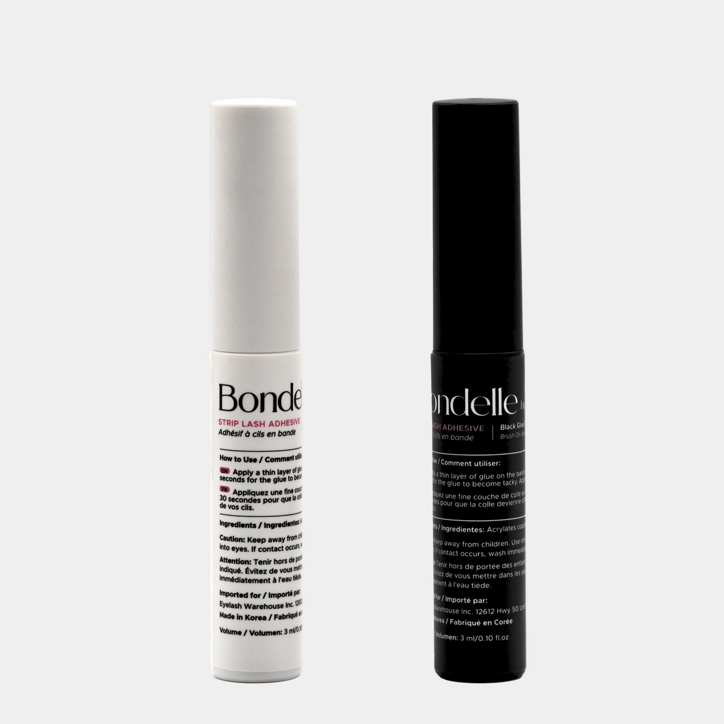 Two glue bottles, one white and one black, with 'Bondelle' branding on a light gray background.