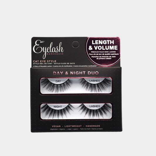 Eyelash packaging with 'Day & Night Duo' design on a light gray background