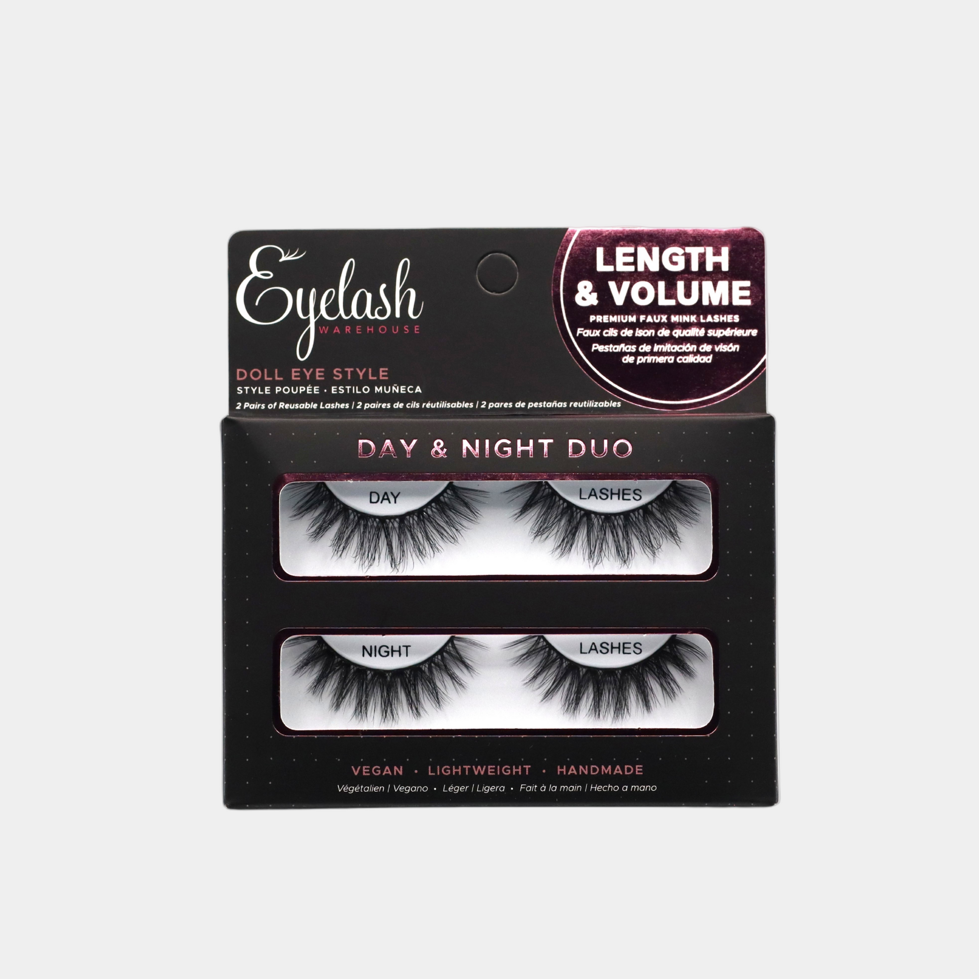 Eyelash packaging with 'Day & Night Duo' design on a light gray background