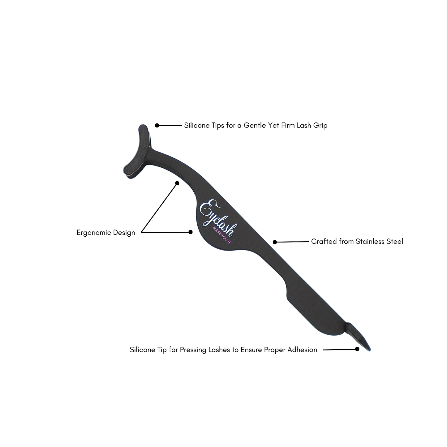 Strip lash applicator tool with labeled features on a white background
