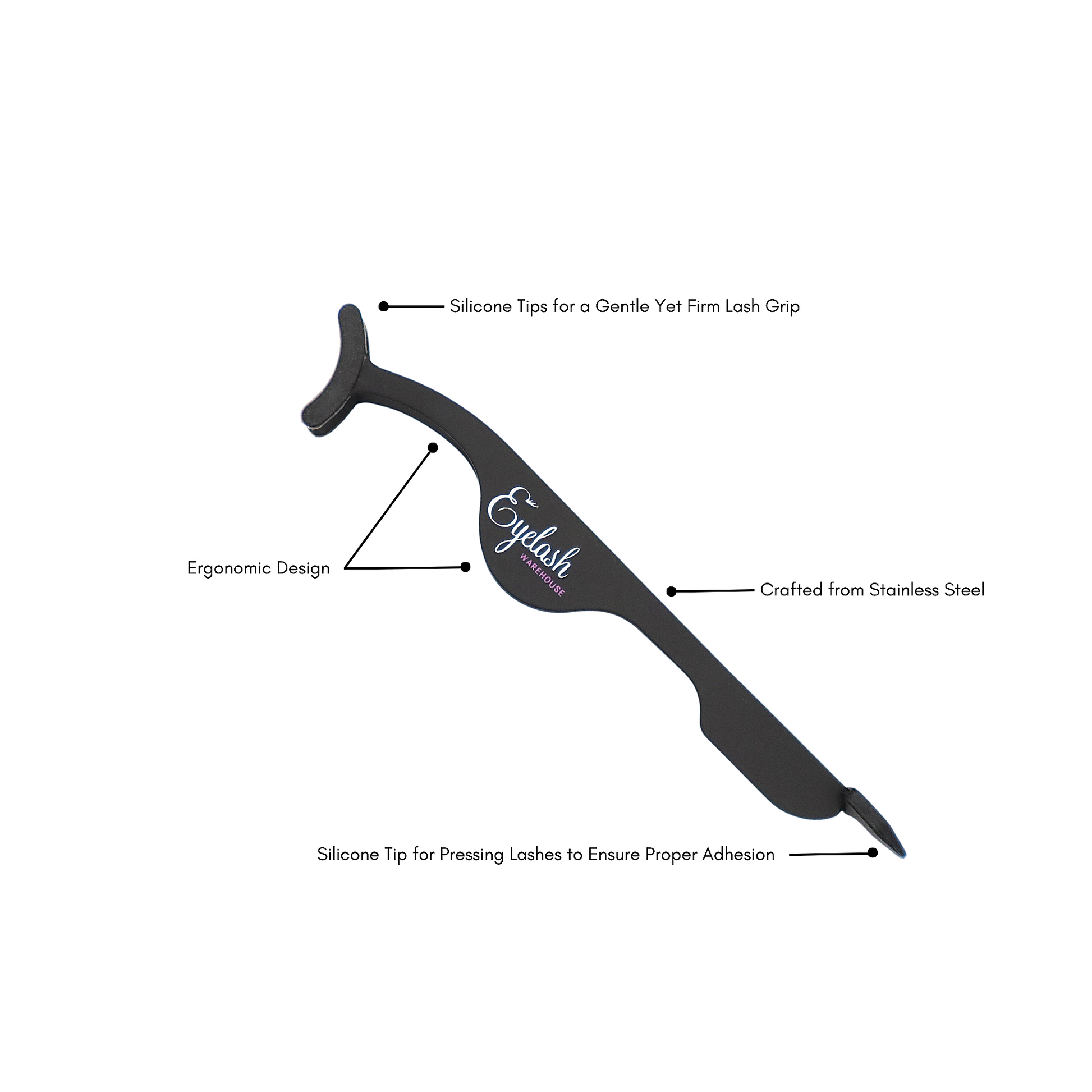 Strip lash applicator tool with labeled features on a white background