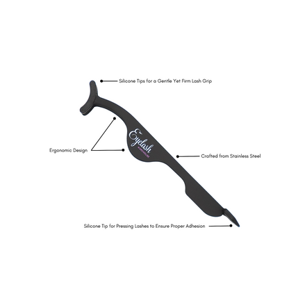 Strip lash applicator tool with labeled features on a white background