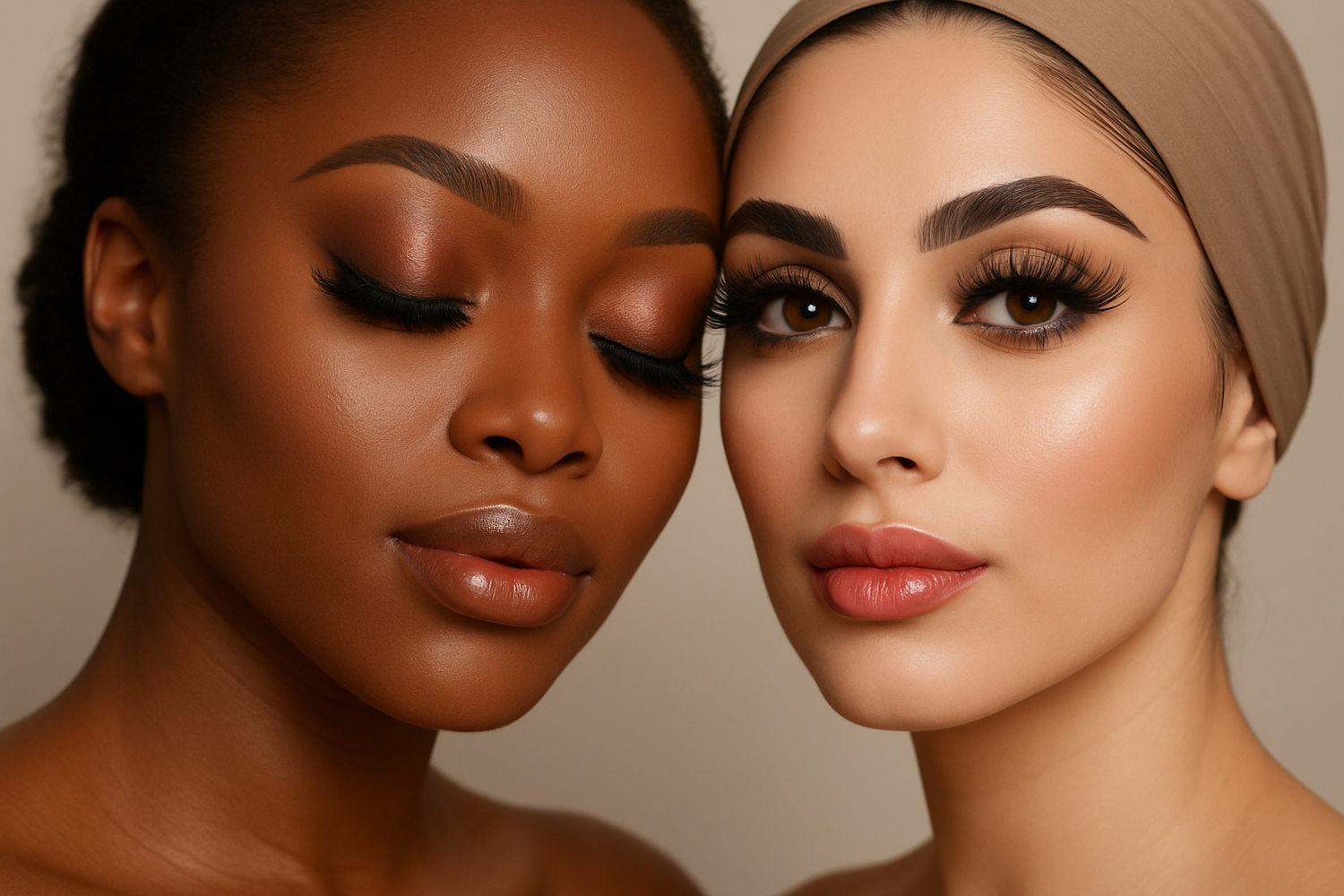 two women (one black one middle eastern) wearing false eyelashes