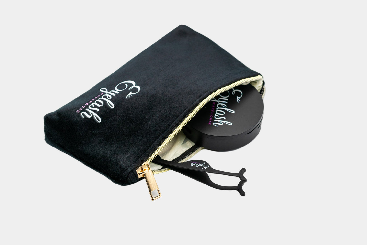 Open velvet travel pouch showing storage capacity